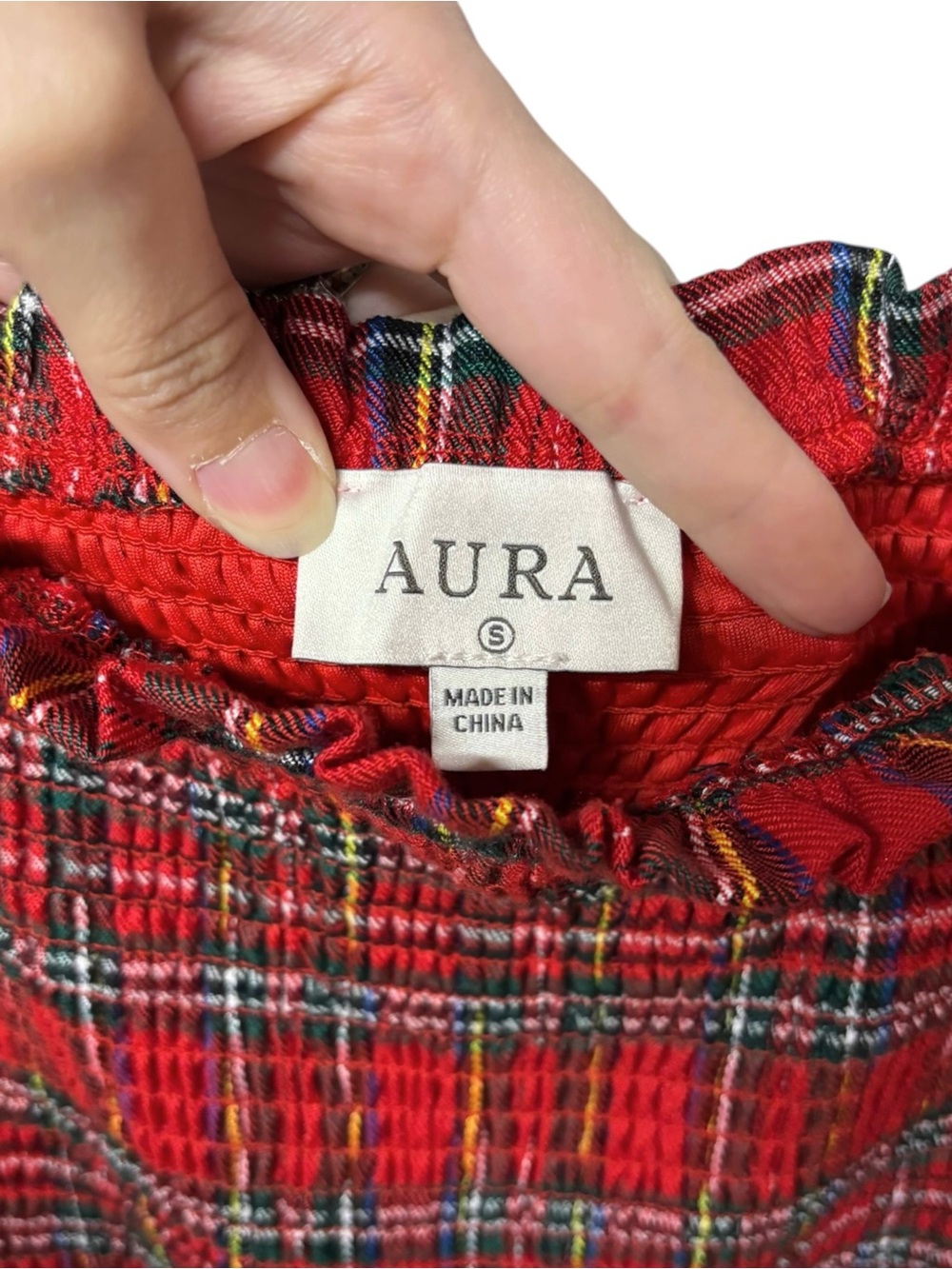 Aura | Red Plaid Puff Sleeve Christmas Holiday Maxi Dress with Tie Waist - Picture 7 of 7